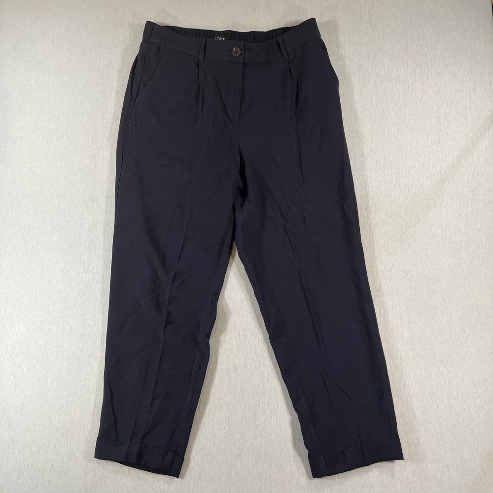 LOFT Ankle Pants Size M Navy Blue Pleated Elastic Back Tapered Cuffed 25" Inseam